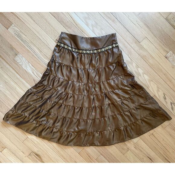 Vintage Y2k Star City Brown Midi Boho Skirt Gold Embellished Tiered Style size M - Picture 1 of 7
